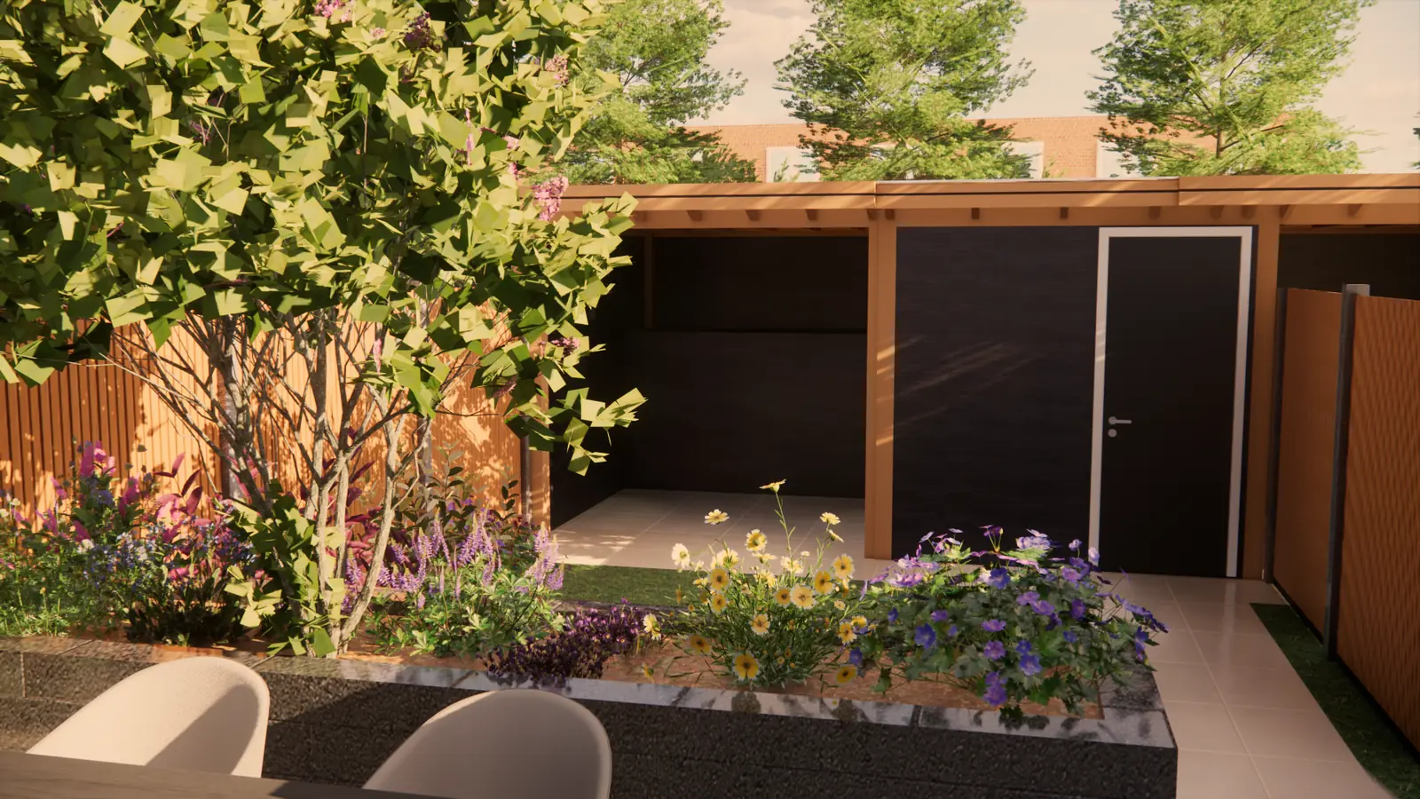 3D-ontwerp van de border met een meerstammige boom voor de overkapping