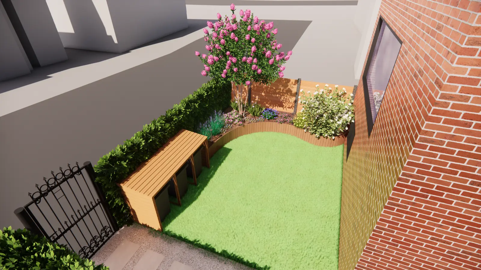 3D-ontwerp van bovenaf: gazon, ombouw en een bloeiende boom bij de gevel