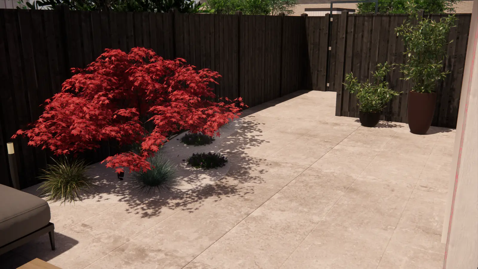3D-ontwerp van de esdoorn in wit grind tegen de donkere schutting