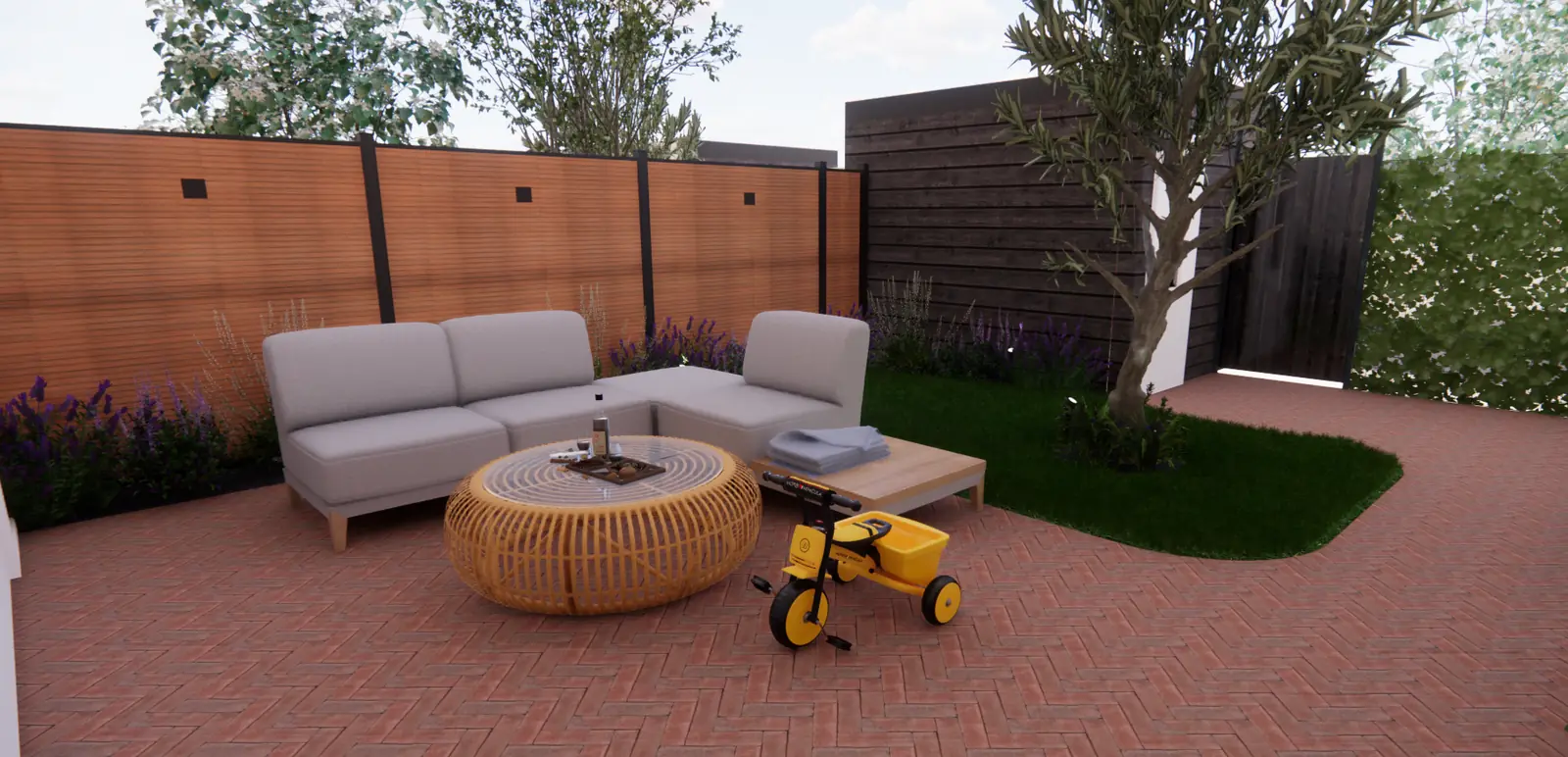 3D-ontwerp van klinkers in visgraat met een loungeset in een tuin in Rotterdam