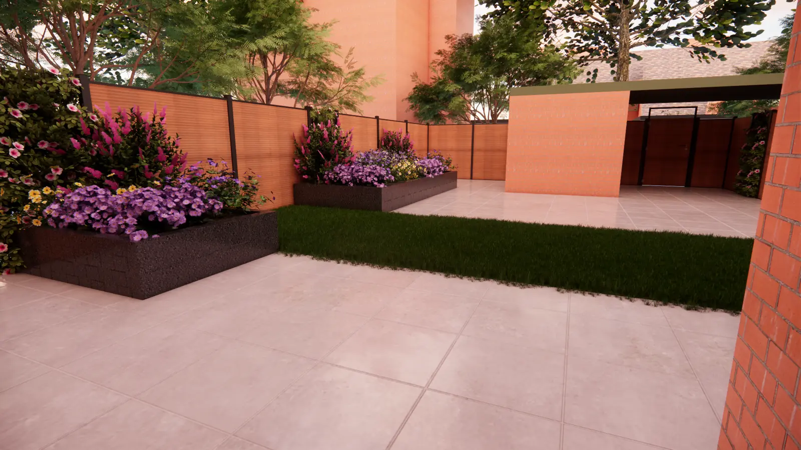 3D-ontwerp van lichte tegels, gras en verhoogde plantenbakken in een tuin in Rotterdam