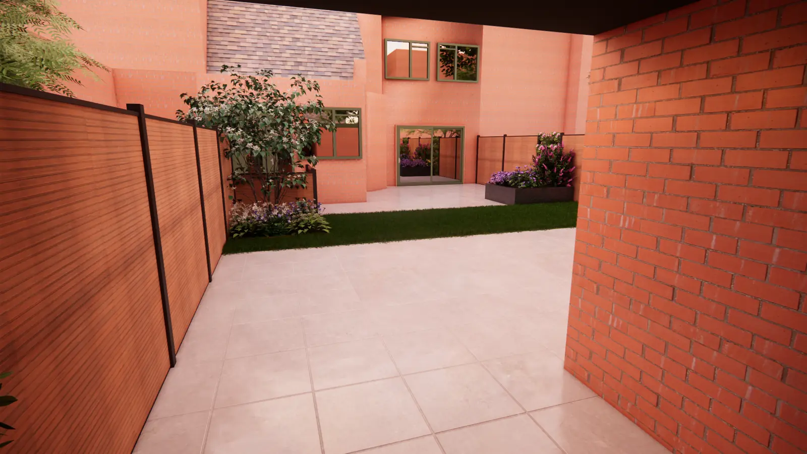 3D-ontwerp gezien vanaf de overkapping, met de gemetselde muur ernaast