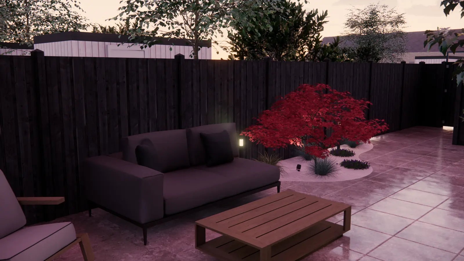 3D-ontwerp van een rode Japanse esdoorn bij een loungebank in een tuin in Rotterdam