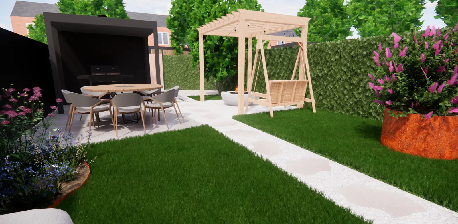 3D-ontwerp van de schommelbank onder een pergola en de eettafel erachter