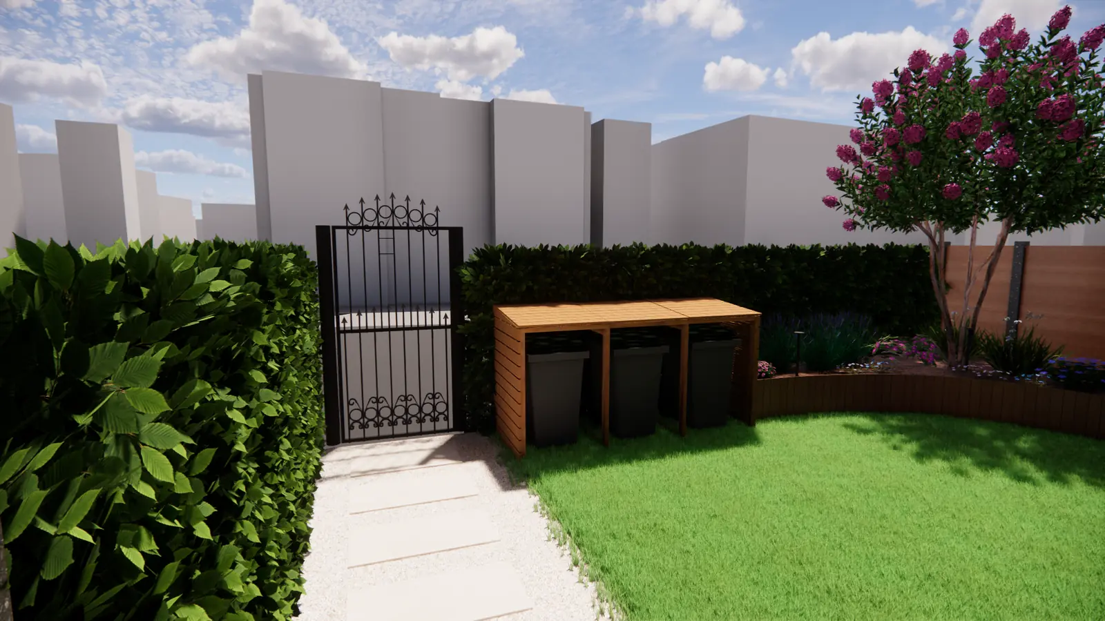 3D-ontwerp van de smeedijzeren poort en de houten ombouw voor de containers