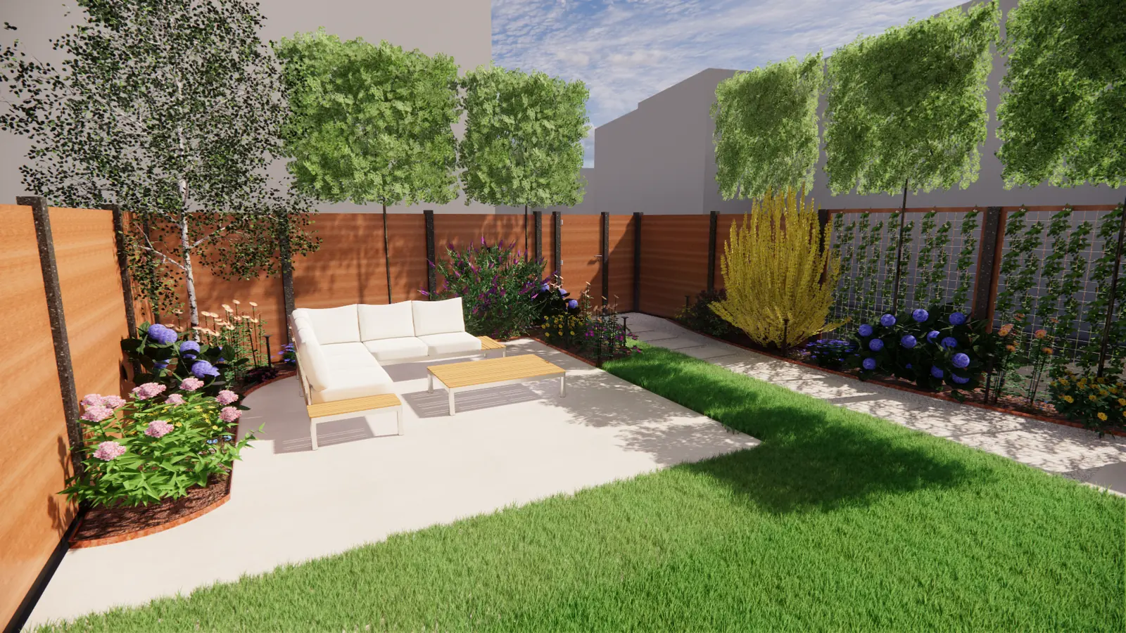 3D-ontwerp van een terras met loungeset en leibomen in een tuin in Rotterdam