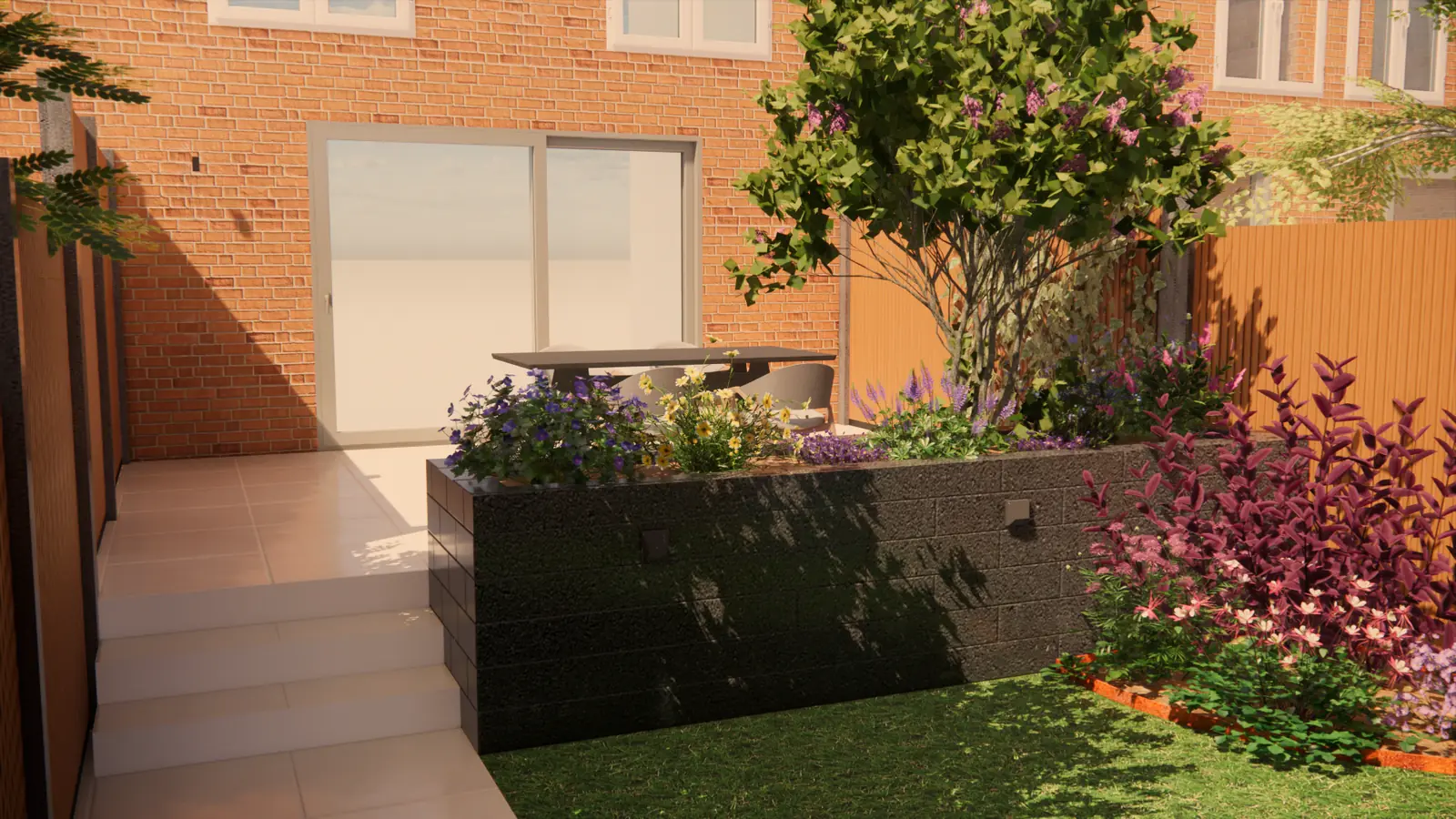 3D-ontwerp van een verhoogd terras met donkere gemetselde border in een tuin in Rotterdam