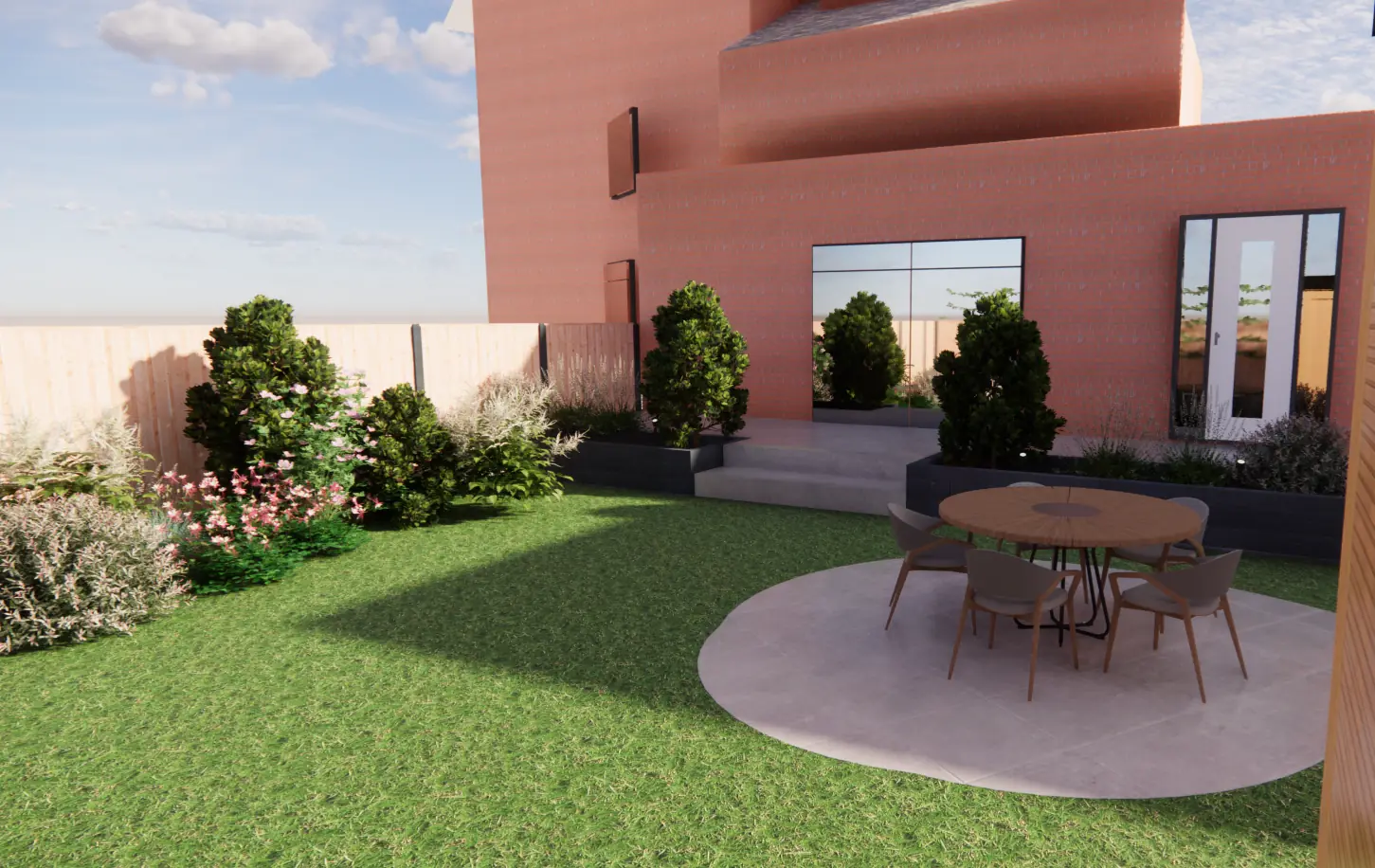 3D-ontwerp van de verhoogde plantenbakken en de treden bij de gevel