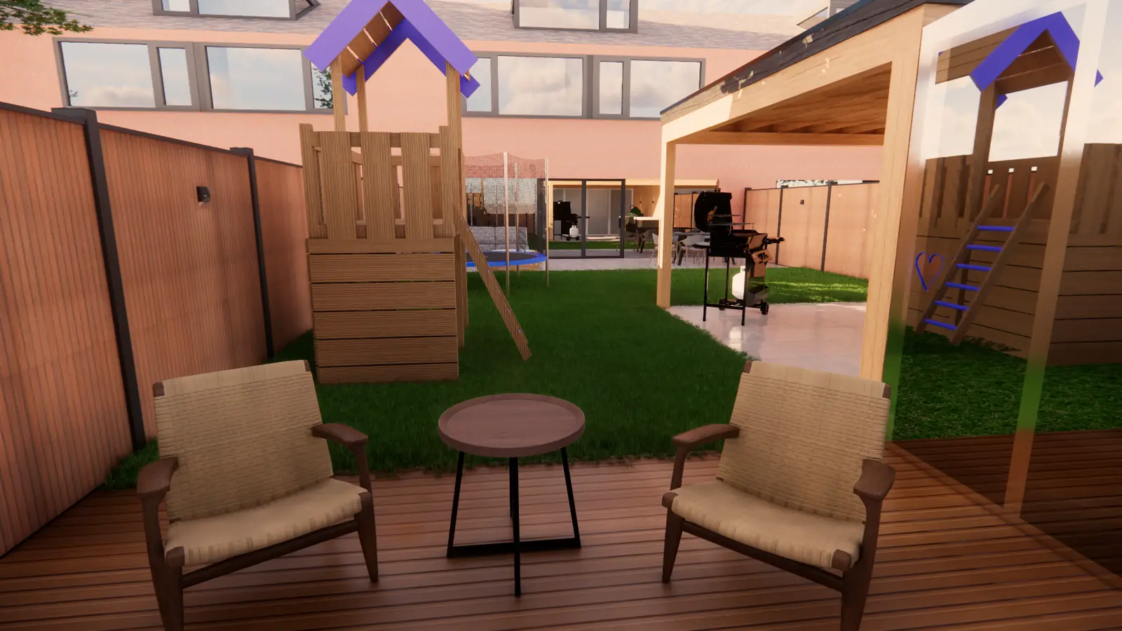 3D-ontwerp van de vlonder met fauteuils, met de speeltoren en overkapping erachter
