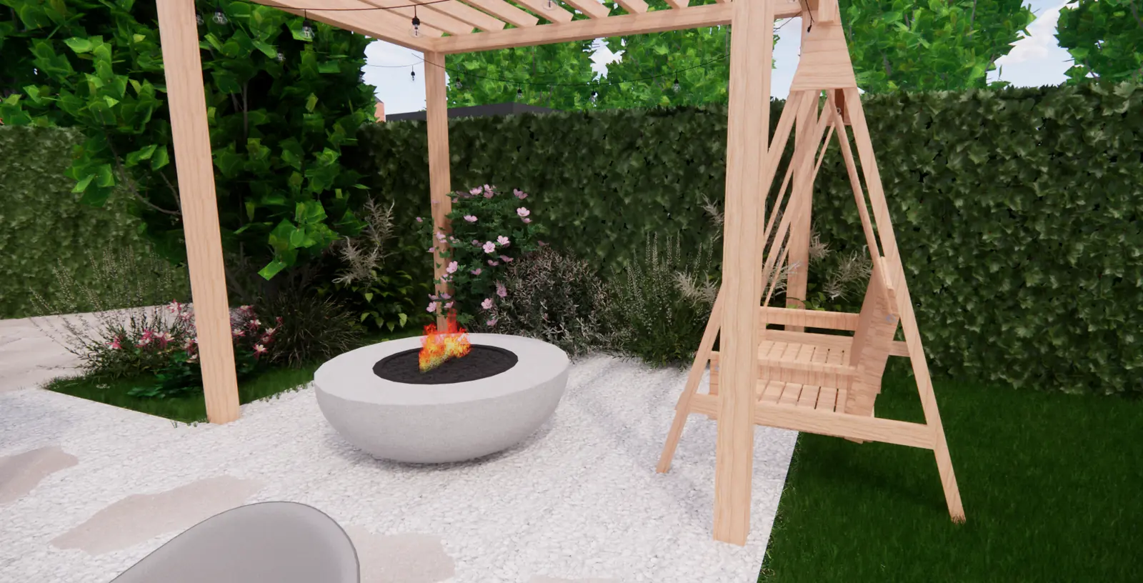 3D-ontwerp van een vuurschaal op wit grind naast een schommelbank